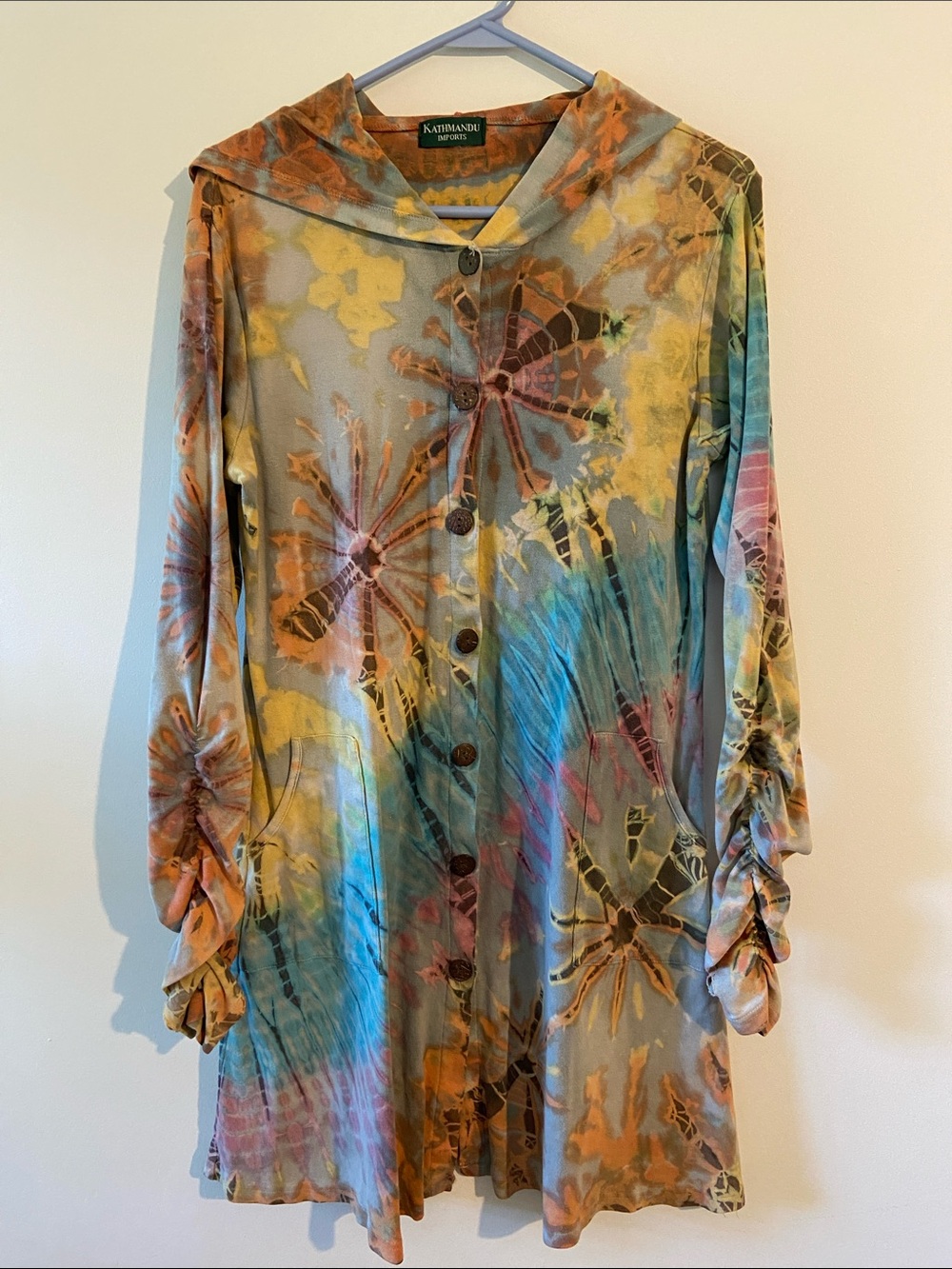 Kathmandu Multicolor Tie-Dye Button Front Hooded Tunic Dress